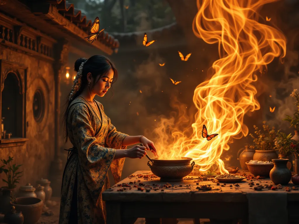 A hyper-realistic fantasy scene of a 1500s Sundanese priestess in Bandung crafting sambal in a basalt ulekan carved with Karuhun ancestor faces, grinding enchanted cabe chilies sparking storms and bawang merah bleeding crimson light. She wears a moonlight-...