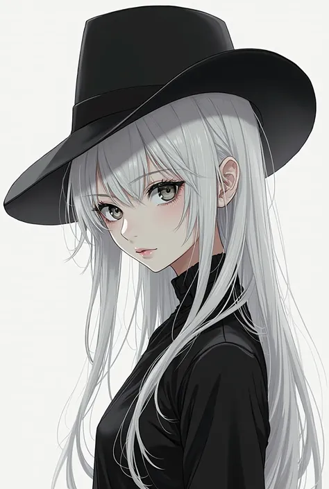 Draw a white face anime man with white hair and black hat