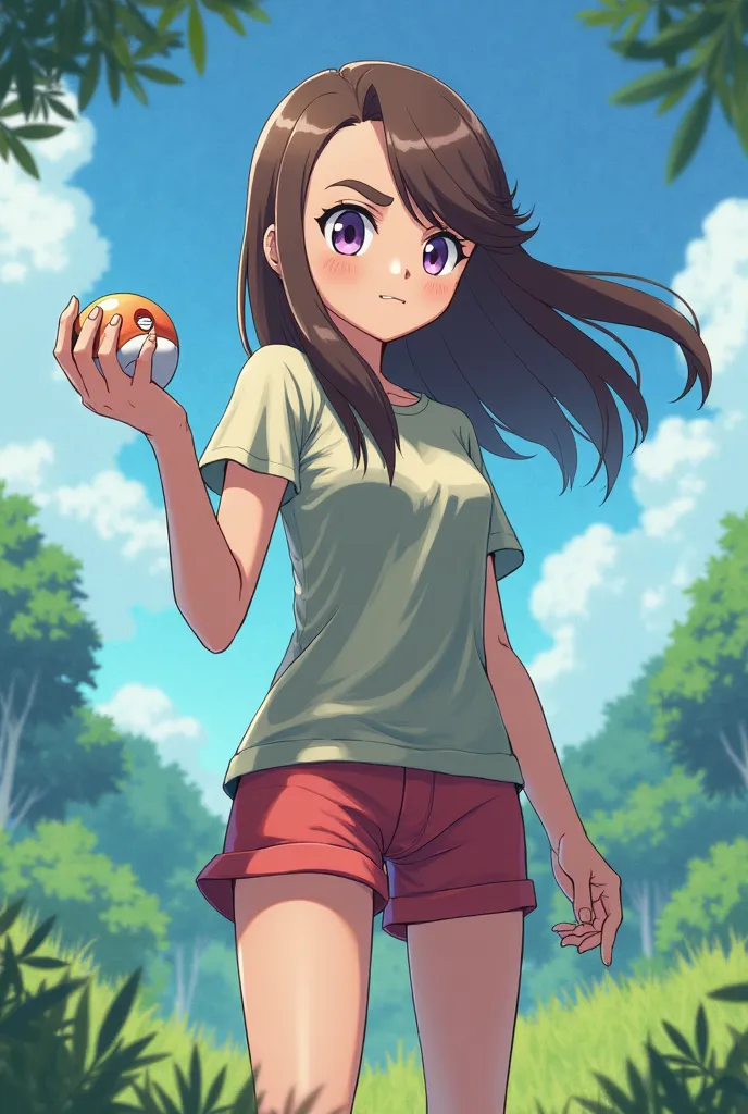 Girl pokemon trainer holding pokeball with brown hair and lilac eyes