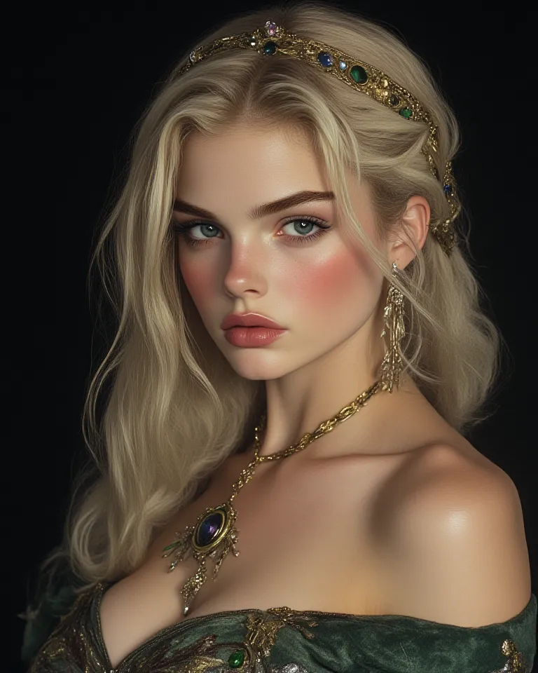 The image shows a young woman with a noble and elegant appearance, } evoking a classic portrait style with Renaissance or Baroque influences.  Her face is delicate and harmonious , with pale skin, pink lips and subtly flushed cheeks.  su mirada está dirigi...