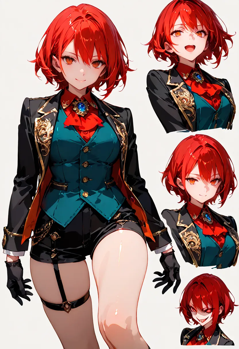 masterpiece, best quality, woman, with motif of phoenix, evil smiling, standing, looking at viewer, Vtuber, short hair, red hair, vest white background, character sheet, hyper detailed, anime, (hard-edged:1.4), golden ratio, highly saturated colors, dynami...