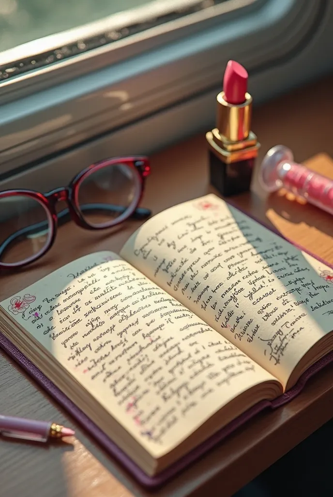 Realistic and modern Can you create an ai image that has these quotes written in diary entries on a train? The diary has a tube of lipstick in a pair of women’s glasses next to it. The diary is girly and it looks like a scrapbook.

“In matters of grave imp...