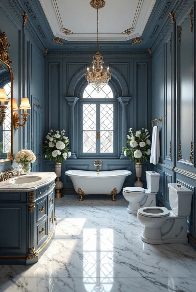 Bathroom, no people, fancy, rich, elegant, rich blue gray and white, flowers, bathtub, shower, sink, toilet, old money