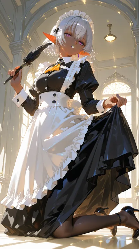 (A dark elf maid:1.3), long silver hair, purple eyes, dark skin, wearing a detailed classic maid outfit, black tights, high heels, holding a feather duster, cleaning in a luxurious mansion, emotionless expression, calm and professional demeanor, standing o...