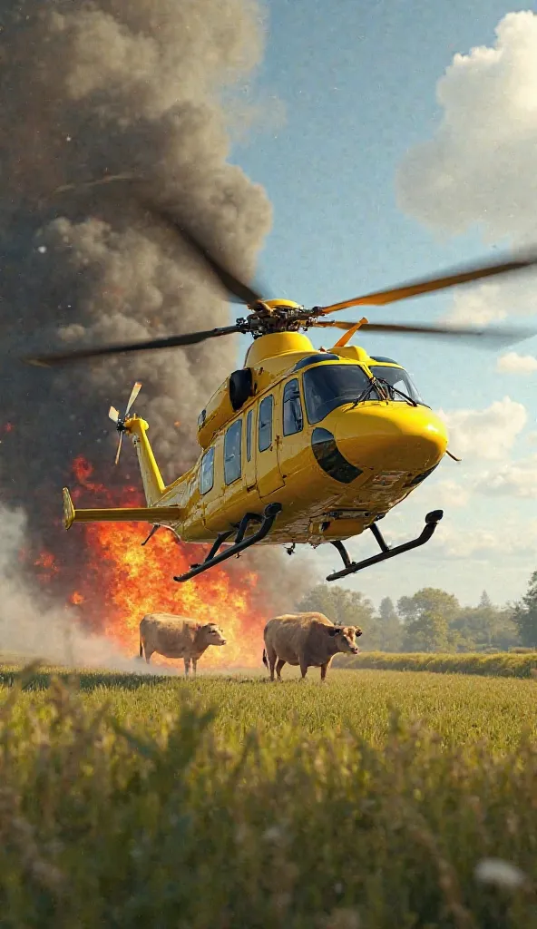 A bright yellow rescue helicopter soaring above the field, its rotors creating a blur as it quickly approaches the scene of the fire, with the cow visible in the distance, engulfed in flames.