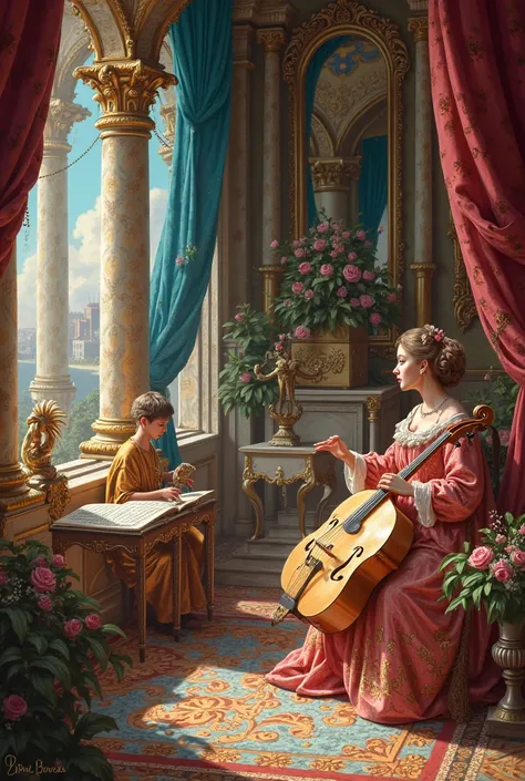 image for colorful recital with Renaissance painting without people but related to music 