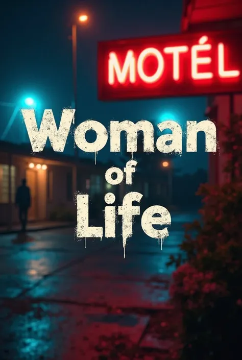 I want you to make the cover of a book with the title Woman of Life and in the background of the photo you have the lights of a motel that blurred neon motel door sign and the title Woman of Life Woman of Life says that it is in Portuguese that there is no...