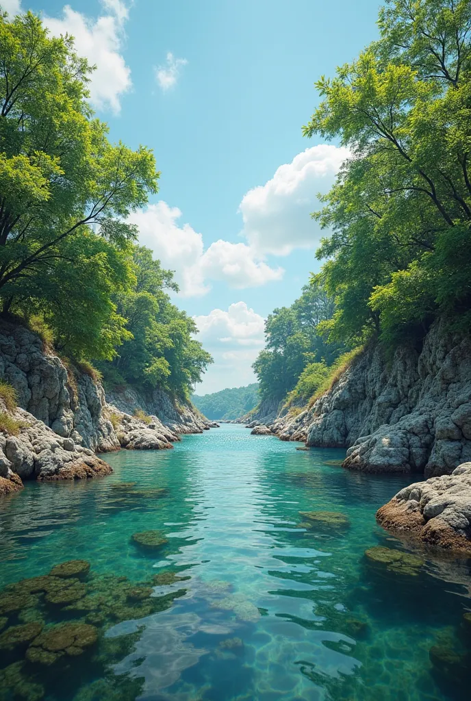 small river image in perspective vertically divided, on the left side is clean river with healthy coastal vegetation with high water level in vivid colors and on the right is the same river but chemicaly and mechanicaly very polluted with very low water le...