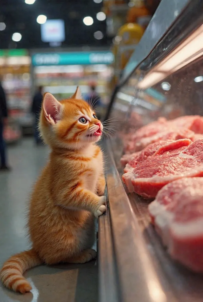 The adorable orange kitten, slightly fat, with soft and shiny fur , he is standing in the meat section of the supermarket. His large eyes sparkle with desire as he stares intently at a large piece of succulent meat inside a refrigerated display case.. His ...