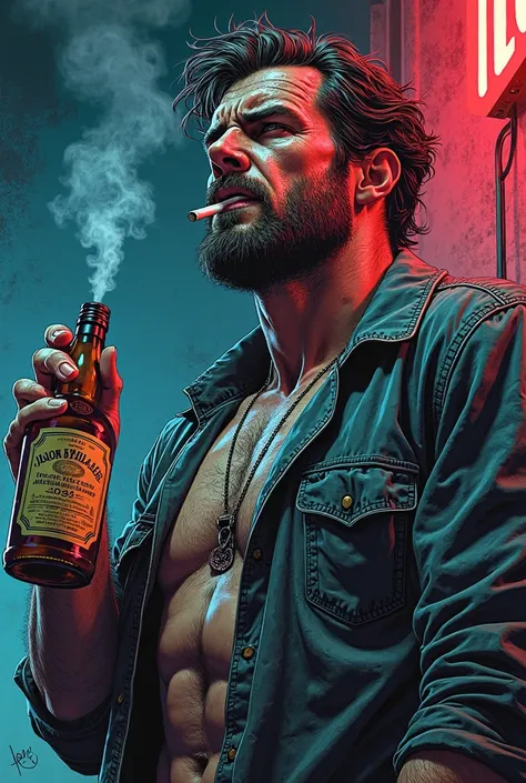 full body。American comic book style、1990s、neon。Alcohol heals me, but、alcohol is not medicine。I mean I'm just an alcoholic。 holding a cigarette。sweat。Holding a bottle of whiskey
