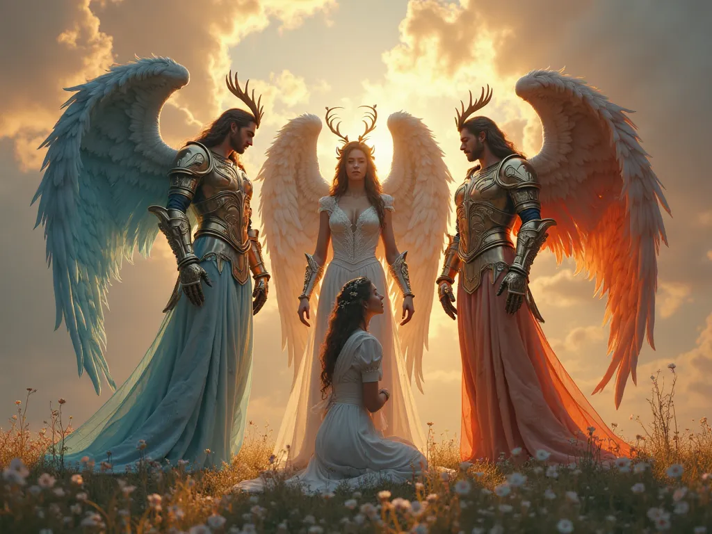 Generate 3 male angels, strong, with the armor of the knights of the zodiac, being an angel of each color, protecting a woman who is kneeling praying and praying,  ultra realistic , 4K,  high definition