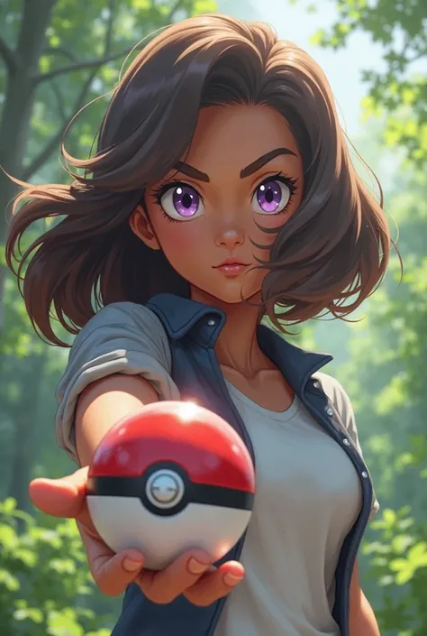 Black Girl pokemon trainer holding pokeball with brown hair and lilac eyes