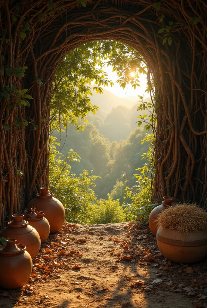  Here is a detailed prompt based on the image You sent:

Prompt:
"A serene view from inside a rustic cabin made of branches and vines, set amidst a lush forest. The scene is seen from someone's perspective resting with their feet extended out of the cabin,...