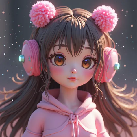 Generate a vtuner model of an alien girl with a pink color palette, black and white. Brown hair tied in two rings and a pink tuft sticking out of her forehead