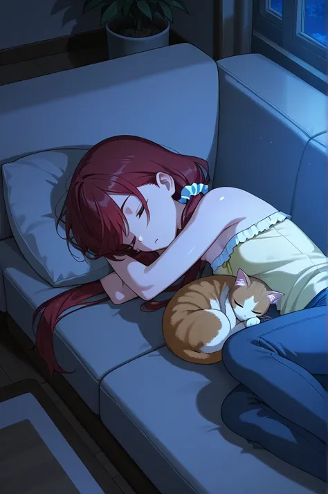 masterpiece, best quality, amazing quality, sleeping girl, from above, cat curled up and sleeping on girl’s lap, laying on couch, beautiful face, closed eyes, Dark red hair, long swept bangs, long hair in low twin tails, hair scrunchie, strapless sleeveles...