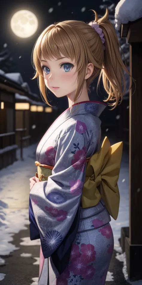 anime, 1 girl, , kamimetsu, blush, Kyoto, snowfall, moon, kimono  hoshino fumina