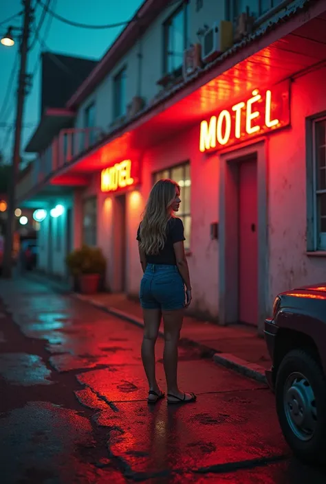 I want you to make the cover of a book with the title Woman of Life and in the background of the photo you have the lights of a motel that blurred neon motel door sign and the title Woman of Life Woman of Life says that it is in Portuguese that there is no...