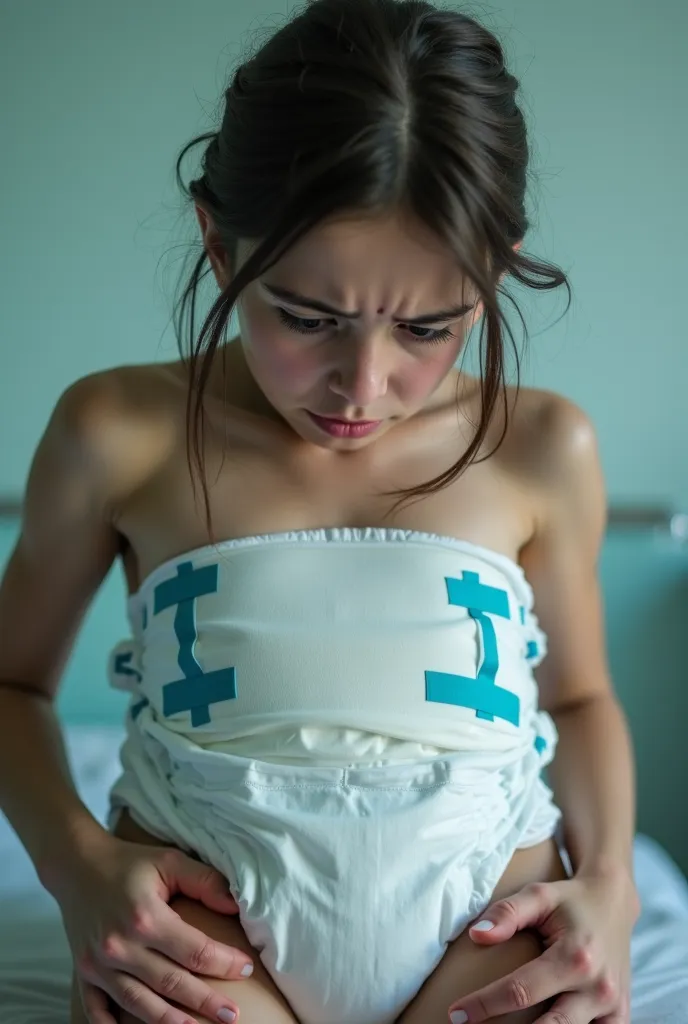 Realistic young 18 years old woman sad , embarassed because She forced at wear only a real plastic diaper brand Pampers by doctor 