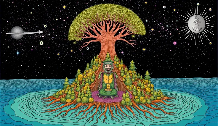 I want a picture of a man sitting in a pile of trees in the middle of the sea.
 psychedelic cosmic, oniric, fluid, ethereal,alex gray, Robert crumb, Hiroshi Nagai, paul laffoley, Magnificent, mystical,,
 psychedelic illustration,  alchemy (colors: purple, ...