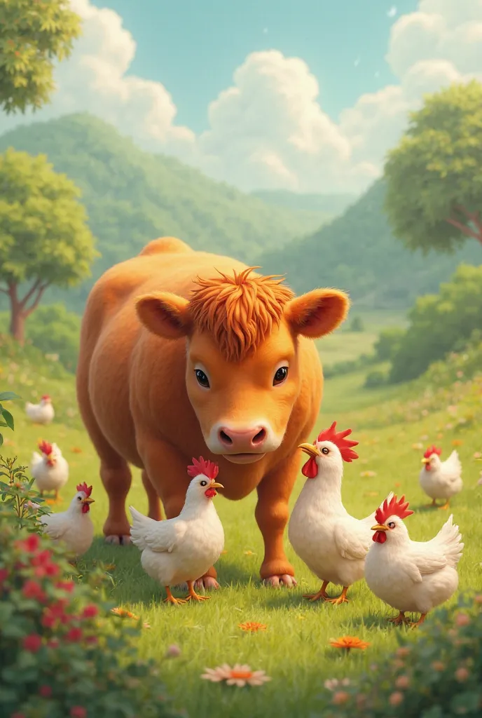 An orange cow feeding chickens in the farm and green background 