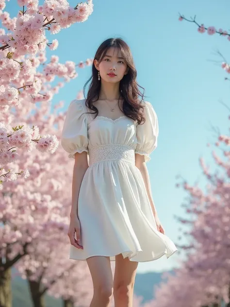 Pretty white mini dress with puff sleeves、Cherry blossom trees、blue sky