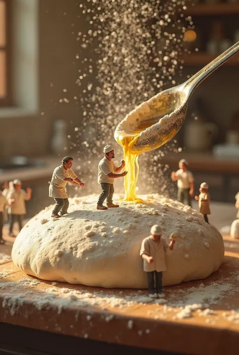 A hyper-realistic, 4K cinematic scene of a team of tiny gourmet chefs preparing a massive pizza dough on a wooden countertop. The dough is so large that some chefs are climbing on top of it, kneading it with their tiny hands, while others stand on the surf...