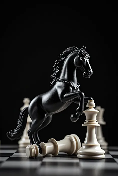 black chess knight jumps over white queen, realistic photo, professional photo, studio light, black background