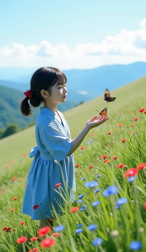 A Japanese girl stands on a grassy hill with a clear sky above, where red and blue flowers bloom. A butterfly rests on her hand. The girl, very cute, is  and wearing a blue dress.
super resolution、high quality、8K
Sony FE GM,  8k octane, movie,  super detai...