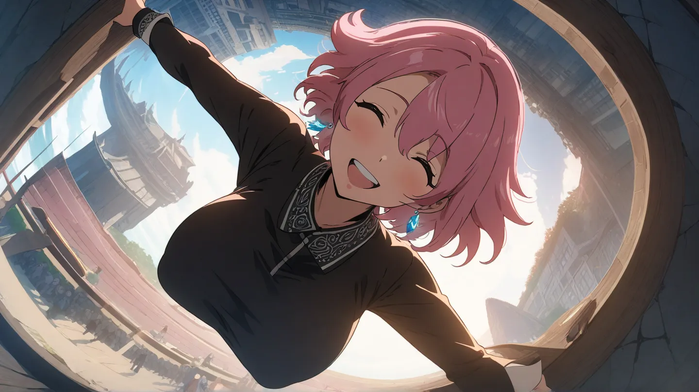 Satu Gadis、 siswa sekolah menengah 、High Resolution, Masterpiece, High Quality, Super Detailed, Pink Hair, Short Hair, Large breasts, Crystal Earrings, Happy, duduk di bangku, tamanUltra-Wide Angle, Silhouette, Anime Style, 