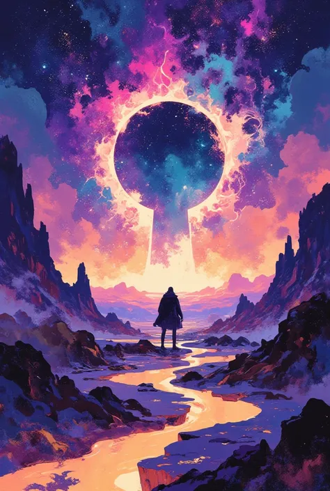 A cosmic and surreal landscape featuring a lone human figure standing before an enormous, glowing keyhole-shaped portal that dominates the alien horizon. The portal pulses with fiery hues of magenta, crimson, and orange, radiating an intense energy that ap...