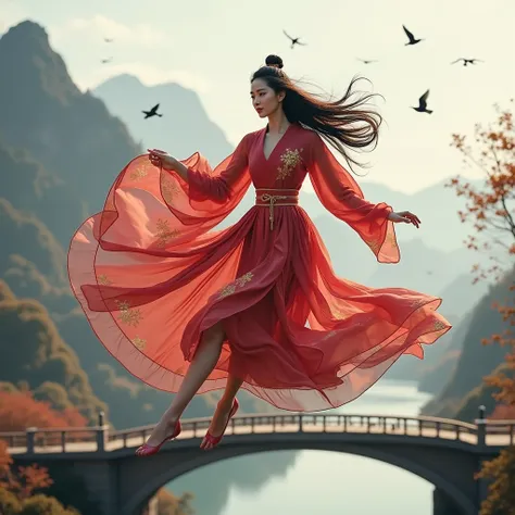 1 woman, jumping up from a bridge and taking off（posture upwards defying gravity 1.4）（actively fighting against the atmosphere 1.2）, long hair（floats at speed with gravity 1 x} dress 1.3）beautiful face，exquisite facial features， fair skin ，wearing a red or...