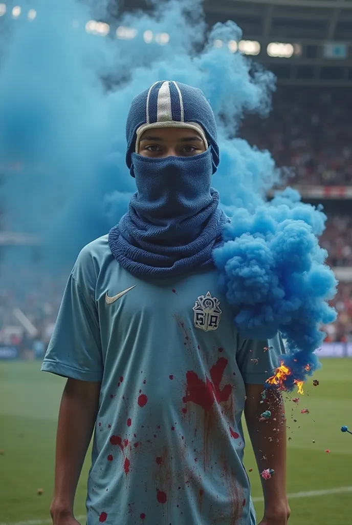 Make me an image of a boy in a soccer stadium wearing a blue and white balaclava and holding a flare with blue smoke in his hand and a raging wild boar that puts organs of the besaya on the boy's shirt 