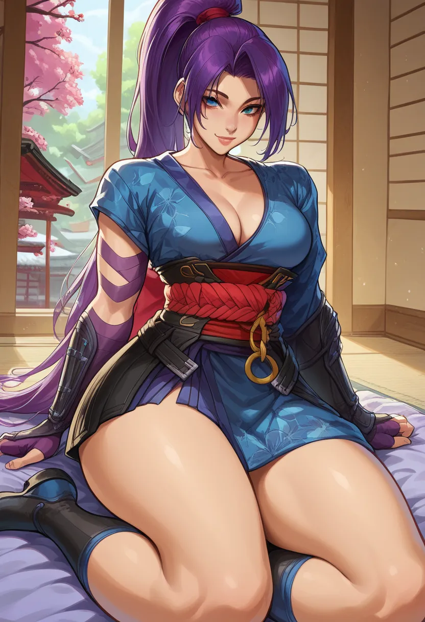 Woman in a pose lying in perspective diagonally, left leg stepping on the floor,  flexed right leg , loose and relaxed arms, Jumping big breasts, lips, relaxing,  psylocke_mvr Alone,  Long purple hair, ponytail,  asymmetric hair,  Chest, bangs, large Chest...