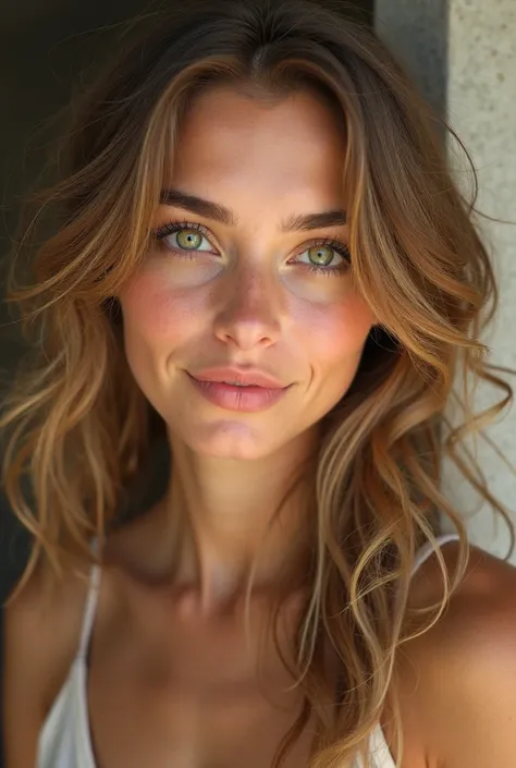 25-year-old woman with long curly light brown hair, , green , yeux verts, regard de cerf, Her luscious mouth, dimple in her cheeks, golden complexion. 