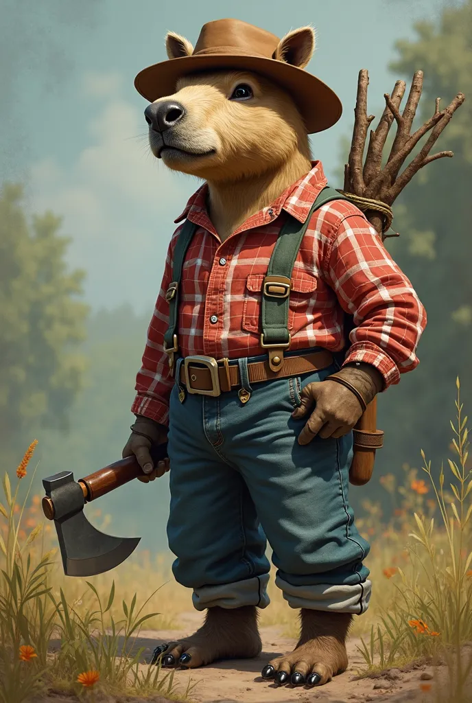 A capybara standing with a checkered woodcutter shirt, denim pants tucked up, correa, tucked around the feet 
In the hand a rope, Trousers hat, On the strap a machete and the sloppy one with three branches.  Realistic, Llanera culture