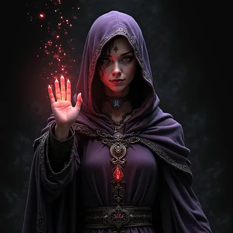 Create an image of Shadowheart from Baldur's Gate 3. I want Shadowheart in the center of the image facing forward with her hand reaching out palm up. I want her casting a spell of light from her palm that reads “4PLA”. I want the background to be dark with...