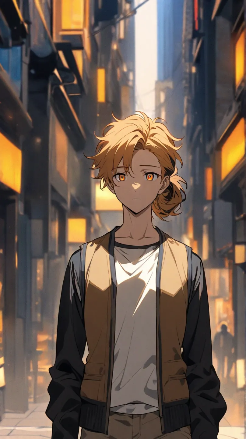  Anime Male Character,Yellow Bronze Side Hairstyle, orange, orange Eyes, Mixed Light orange, wearing a dark blue and black long-sleeved dress inside..The white vest looks half of the body,Casual look,stands in the middle of the image and turns your head an...