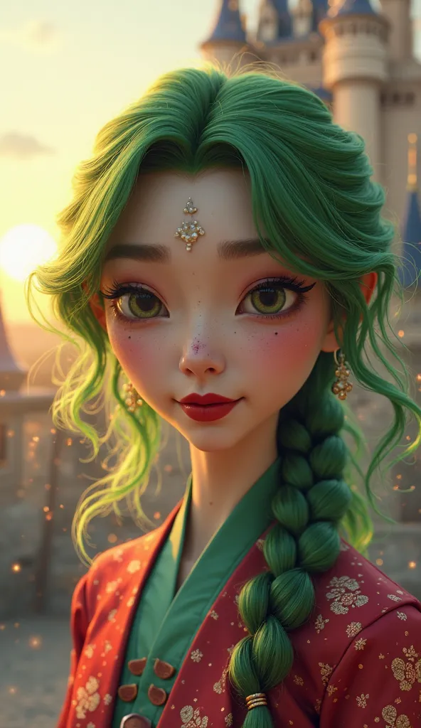 Mulan fusion hibrid with Joker, walking, close-up, Disney Pixar style, big eyes, green hair, joker's makeup, intricate details, cinematic render, by Eli Roth, Disney castle in background, beautiful sunny day, Glitter and cozy lighting, masterpiece, creativ...