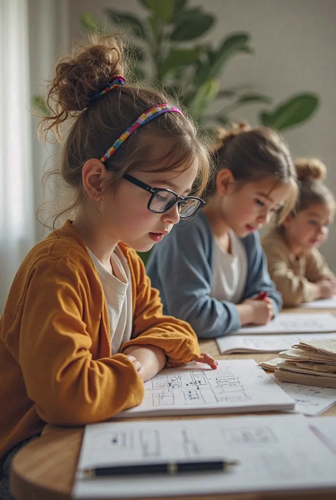 A girl with her hair tied up with a hairband and glasses and another with her hair flat and curly and another girl with medium hair tied up and another girl with loose hair studying architecture and making rules 