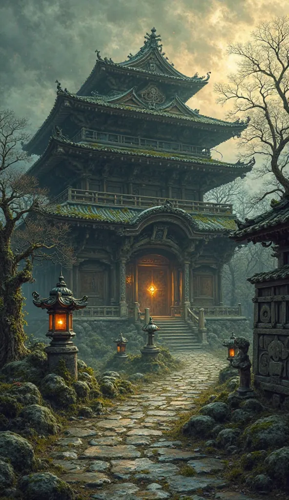 **Prompt:**  
"An ancient and majestic Japanese temple, in oil painting style, inspired by the dark and mystical world of Elden Ring. The aged wooden structure is adorned with curved roofs and ornamental details., covered with moss and wild vegetation. Sto...