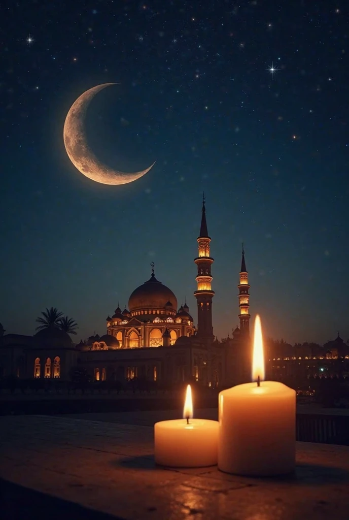 "An enchanting early Ramadan night, where the crescent moon glows softly in the sky, surrounded by twinkling stars. Below, a beautifully illuminated mosque stands in serenity, its golden lights reflecting a sense of peace and devotion. Delicate candles fli...