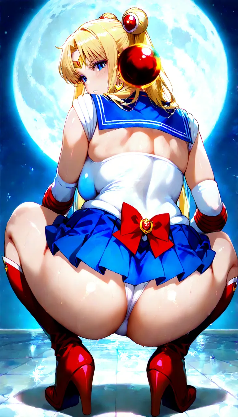 sailor moon , long blond hair , piercing blue eyes, squatting, back view, perreo, full body, blue miniskirt, Red boots, , , voluptuous body,  on the Moon