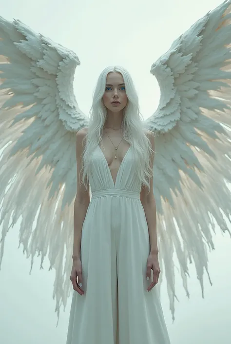 A thin tall man with long white hair, big white broken wings on the back, in a white pantsuit with blue eyes