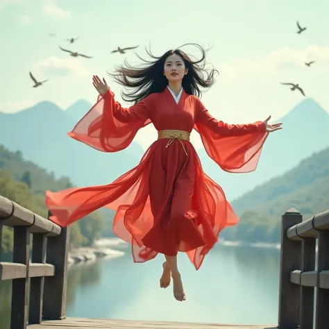 1 woman, jumping up from a bridge and taking off（posture upwards defying gravity 1.4）（actively fighting against the atmosphere 1.2）, long hair（floats at speed with gravity 1 x} dress 1.3）beautiful face，exquisite facial features， fair skin ，wearing a red or...