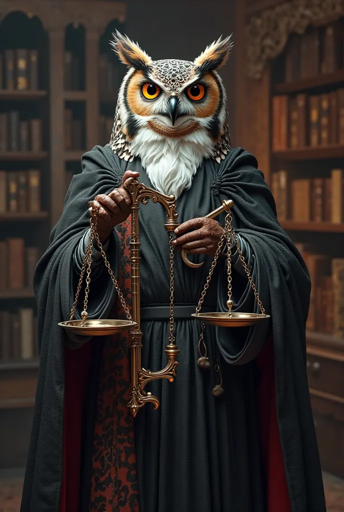  a owl character wearing judge mantle, holding scale