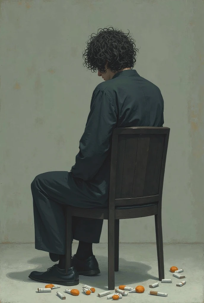 A distant person dressed in black sitting on a chair with cigarette packs under his feet, his hair curly