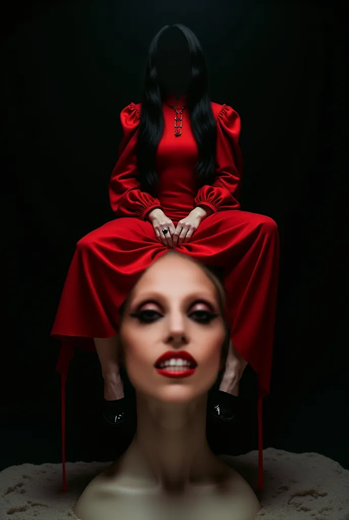 LADY GAGA Born This Way long black hair with gothic red church dress black high heels sitting on a giant head black background looking straight ahead 