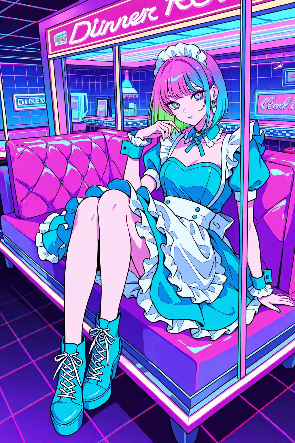 Flat color, cool beauty, gradation color hair, slender body, rest , maid exotic fashion, diner, neon color, Vaporwave, girl in the glass box, High  resolution,