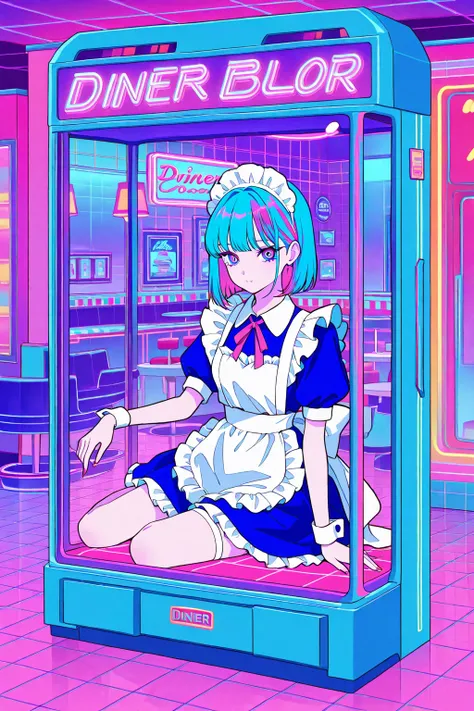 Flat color, cool beauty, gradation color hair, slender body, rest , maid exotic fashion, diner, neon color, Vaporwave, girl in the glass box, High  resolution,