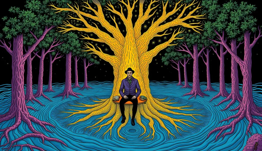 I want a picture of a man sitting in a pile of trees in the middle of the sea.
 psychedelic cosmic, oniric, fluid, ethereal,alex gray, Robert crumb, Hiroshi Nagai, paul laffoley, Magnificent, mystical,,
 psychedelic illustration,  alchemy (colors: purple, ...